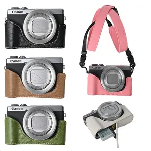 Palm Print PU Leather Camera Half Case For Canon G7X II Mark II III G7X2 G7X3 Bottom Opening Cover With Neck Strap