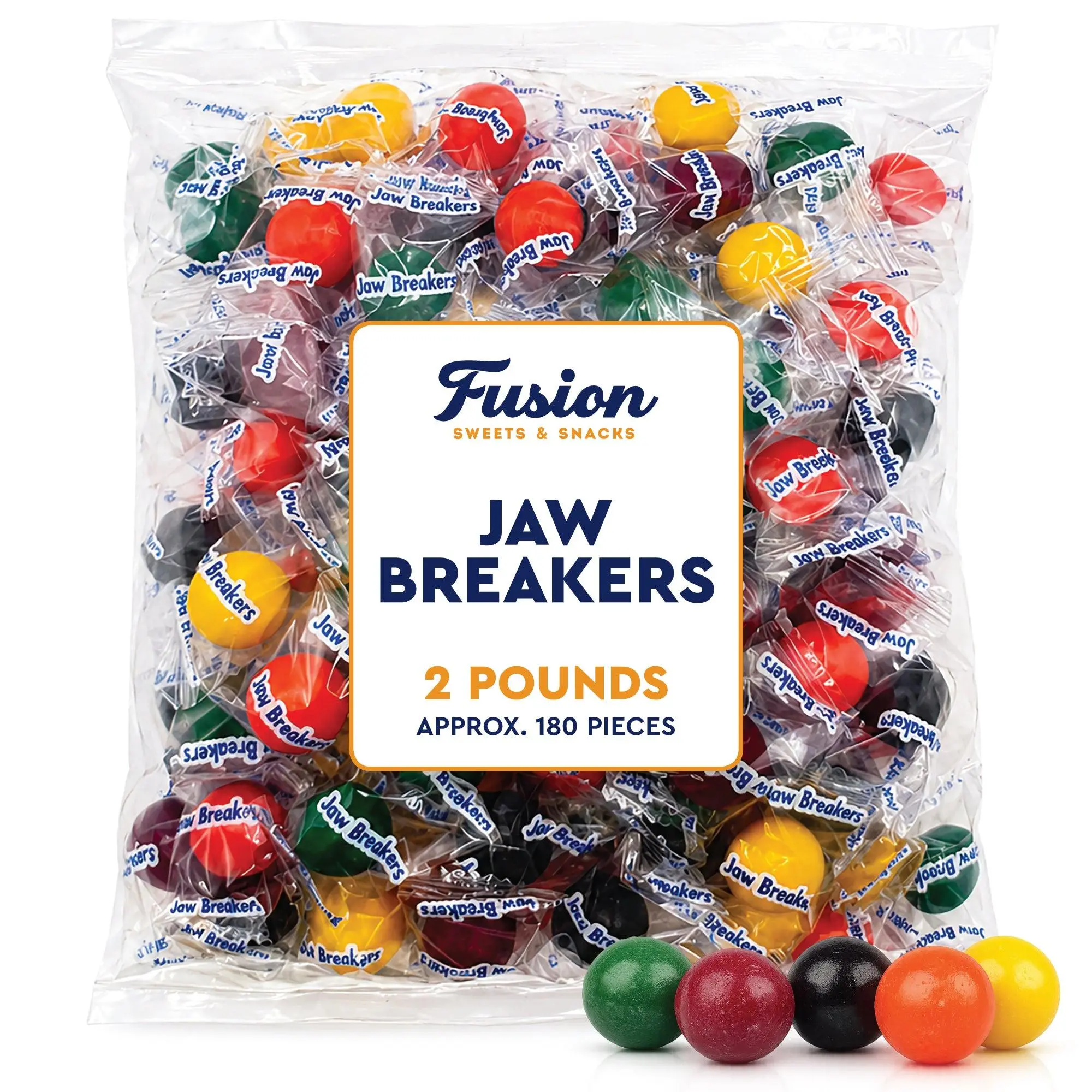Jawbreakers 2 lb Bag - 180 Individually Wrapped Round Multi-Layered Large Hard Candy Balls, Assorted Colors, Long-Lasting, Party Snacks for On-the-Go Enjoyment | Orange, Lime, Grape, Cherry, Lemon Flavors