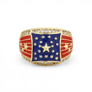 American Flag Rings for Men 14K Gold-Plated - Patriotic Chunky Ring with 5A Cubic Zirconia Border & Oil Painting Craft, Mens Fashion Jewelry