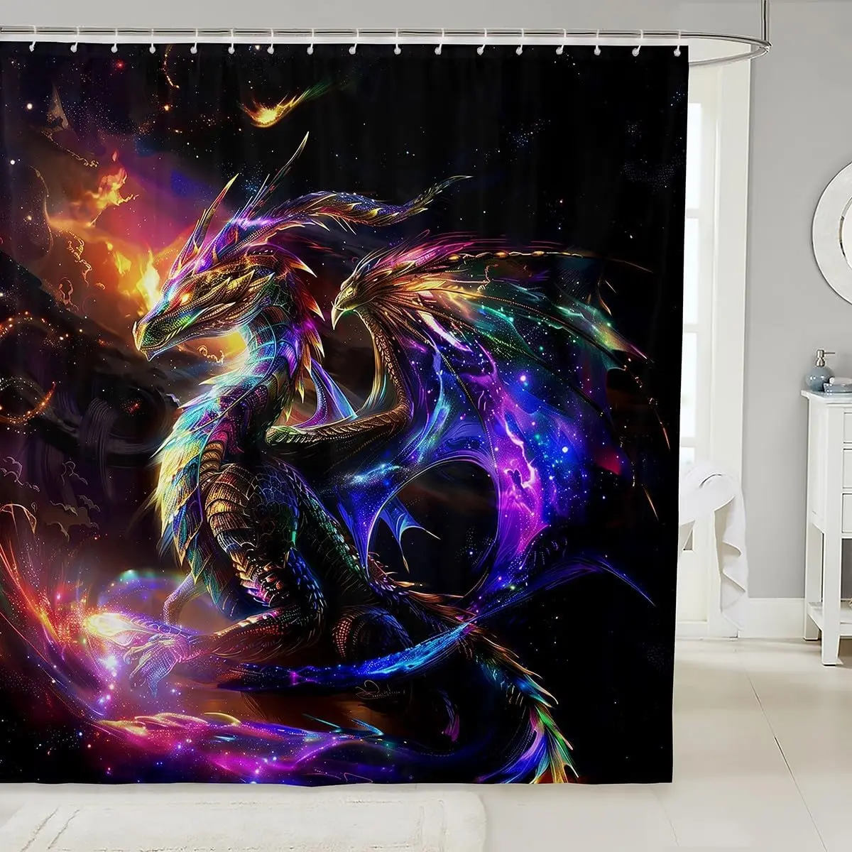 Watercolor Dragon Shower Curtains,Starry Sky Galaxy Trippy Western Bathroom Curtains Men,Flying Dragon Scales Ancient Unique Waterproof Curtains