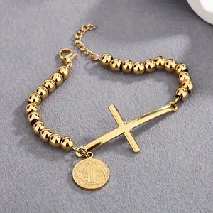 Cross and Flat Round with Saint Benedict 304 Stainless Steel Bracelets Round Beads Bracelets for Men and Women