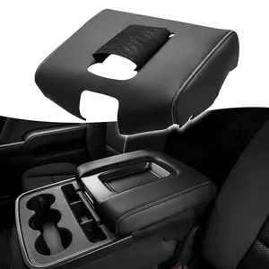 Replacement center armrest cover for cars, compatible with Chevrolet Silverado (2014–2018) and GMC Sierra 1500/2500/3500 models; leather interior center armrest cover; split long bench seat with black stitching.