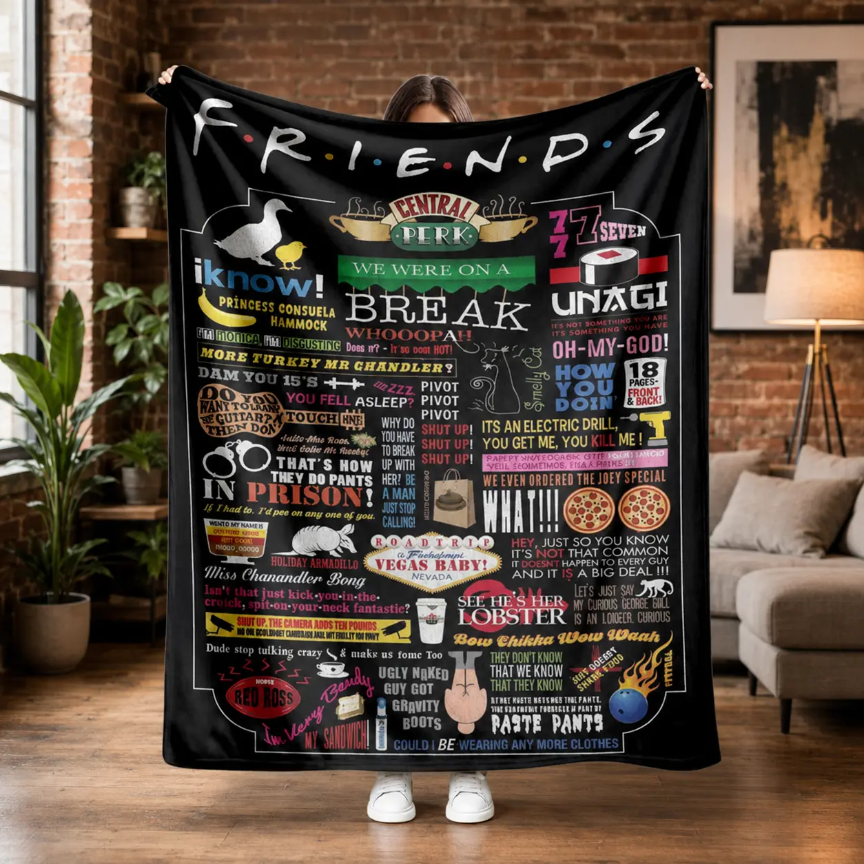 Friends TV Series Quotes Flannel Throw Blanket Official Licensed Central Perk Fleece Blanket Soft Cozy Blanket for Sofa Bedroom Living Room Fan Gift