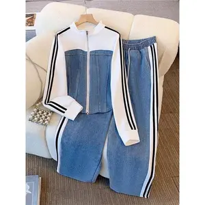 Women Preppy Style Patchwork Contrast Denim Sets Stand Collar Zipper Jackets Coats Elastic Jeans 2 Piece Suit Streetwear Comfort Clothes Womenswear
