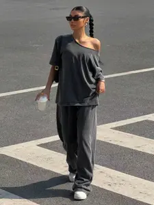 Women's Vintage Style Shoulder Cut Out Short Sleeve Top & Long Pants Set, Summer Casual Washed Look Breathable Sportswear