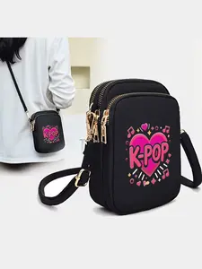 Zipper Crossbody Bag, Durable Nylon Fabric with Adjustable Strap, Heart K-Pop Music Note Print Mini Wallet
