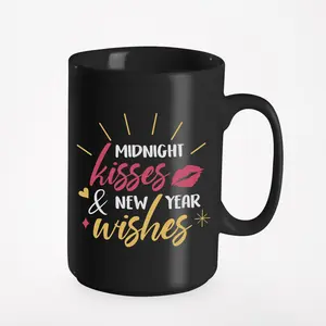 Midnight Kisses & New Year Wishes. Unique Lip Mark Print Christmas, Black 15oz Ceramic Mug