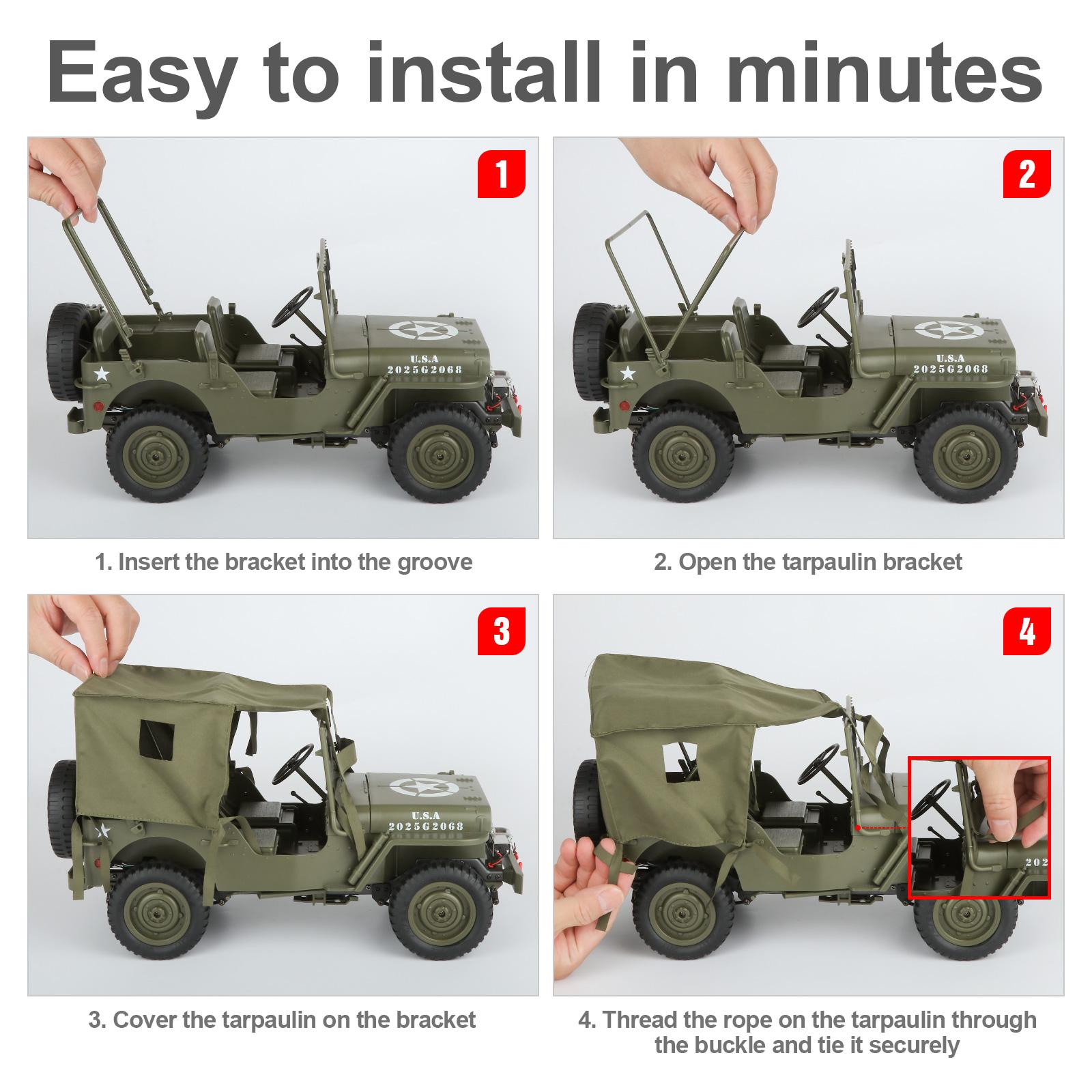 Willys RC Off-Road Vehicle - 2 Batteries, Professional Full-Size Proportional Transmission, Alloy Chassis, Steering Linkage, Multi-Mode Lights, Optional Body Tarp & Electric Winch Compatibility (All-Terrain Outdoor Climbing Toy Car) Rc Model Car Remote Co