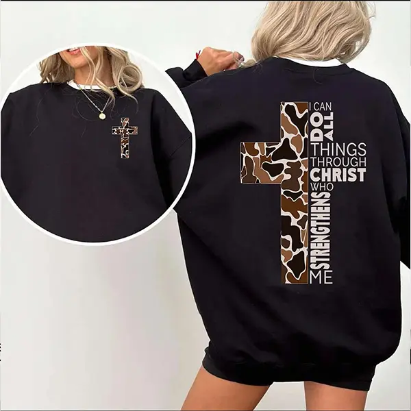 Christian Camo Cross Sweatshirt, Faith Based Scripture Sweatshirt, I Can Do All Things Through Christ, Religious Gift for Women and Men