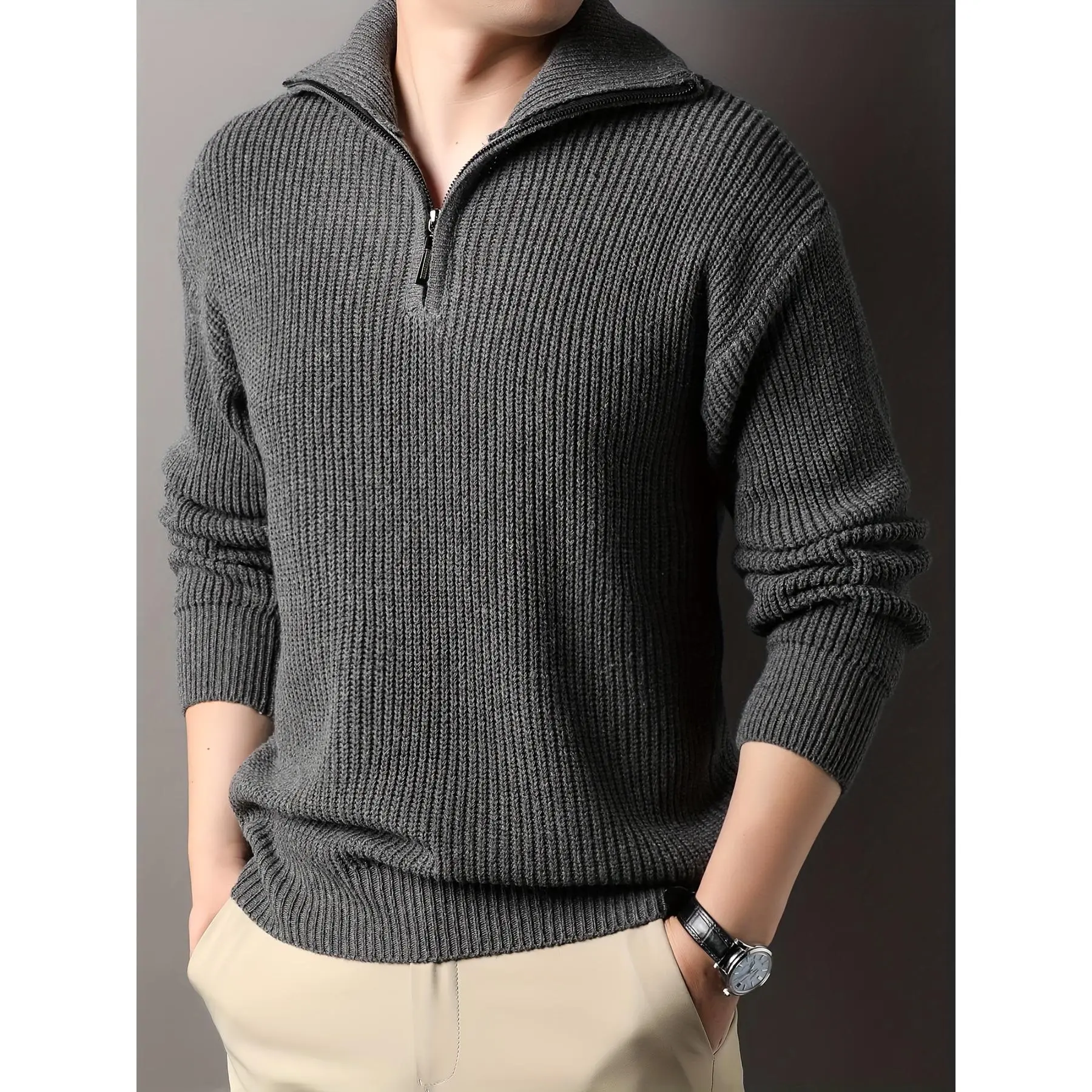 Men's Casual Half-Zip Knitwear Pullover - Thick Plain Stand-Collar Long-Sleeve Top, Machine-Washable Menswear, Longsleeves