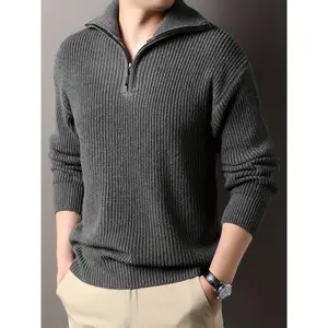Men's Thickened Knit Pullover with Half-Zip Collar - Casual Sports Style, Long Sleeve, Machine Washable.