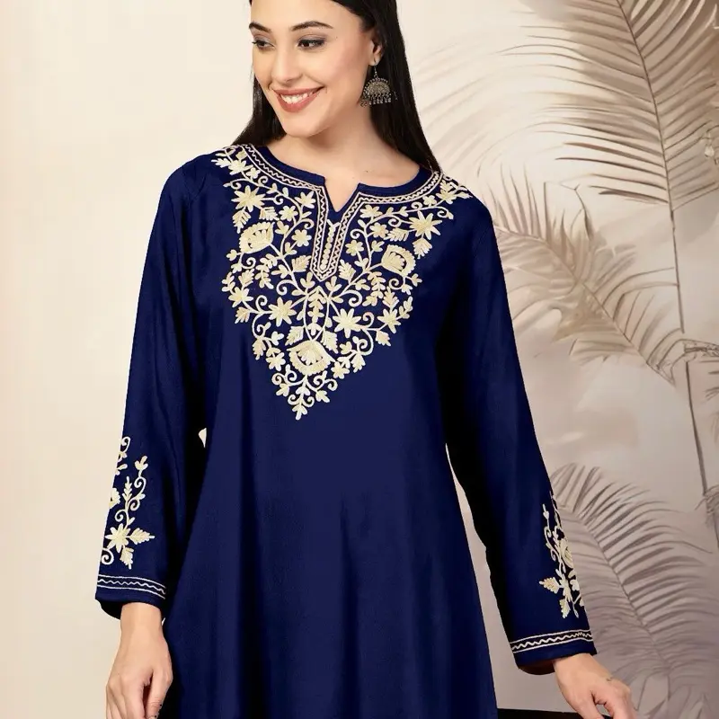 Trending Short length Kurti with Long Sleeves_  *Fabric* Heavy Rayon  With embroidery work on neck