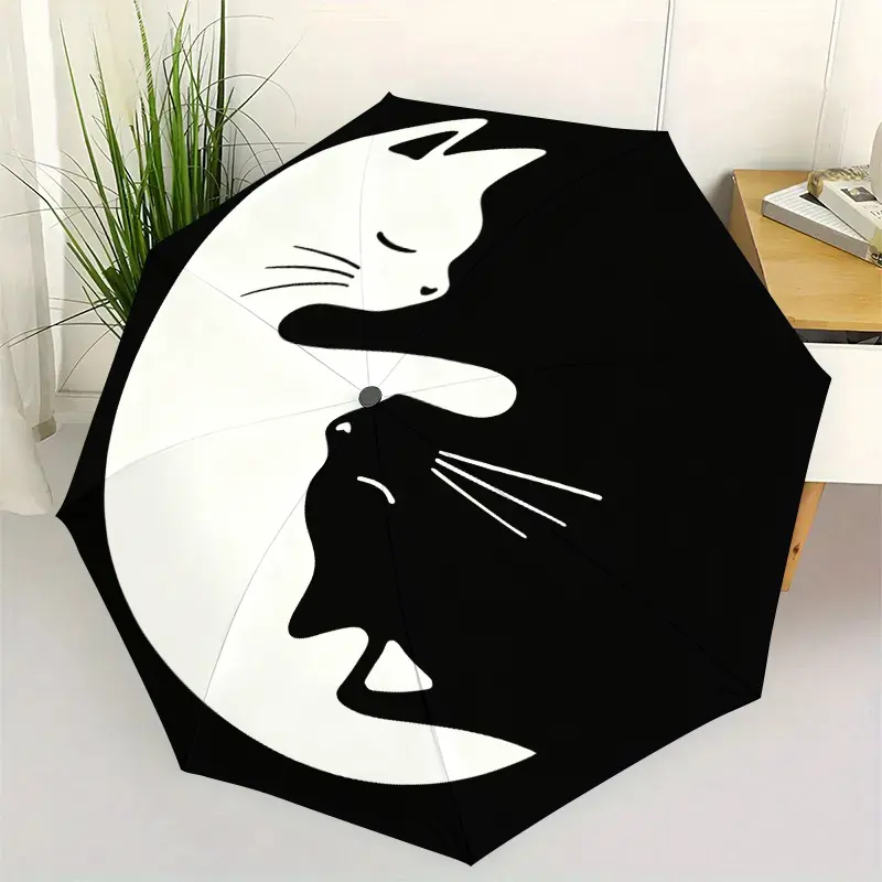 Auto-Fold Umbrella - Yin-Yang Cat Pattern, Portable Foldable Design, 8 Ribs, Casual Accessory, Halloween & Christmas Gift, Rainproof Umbrella