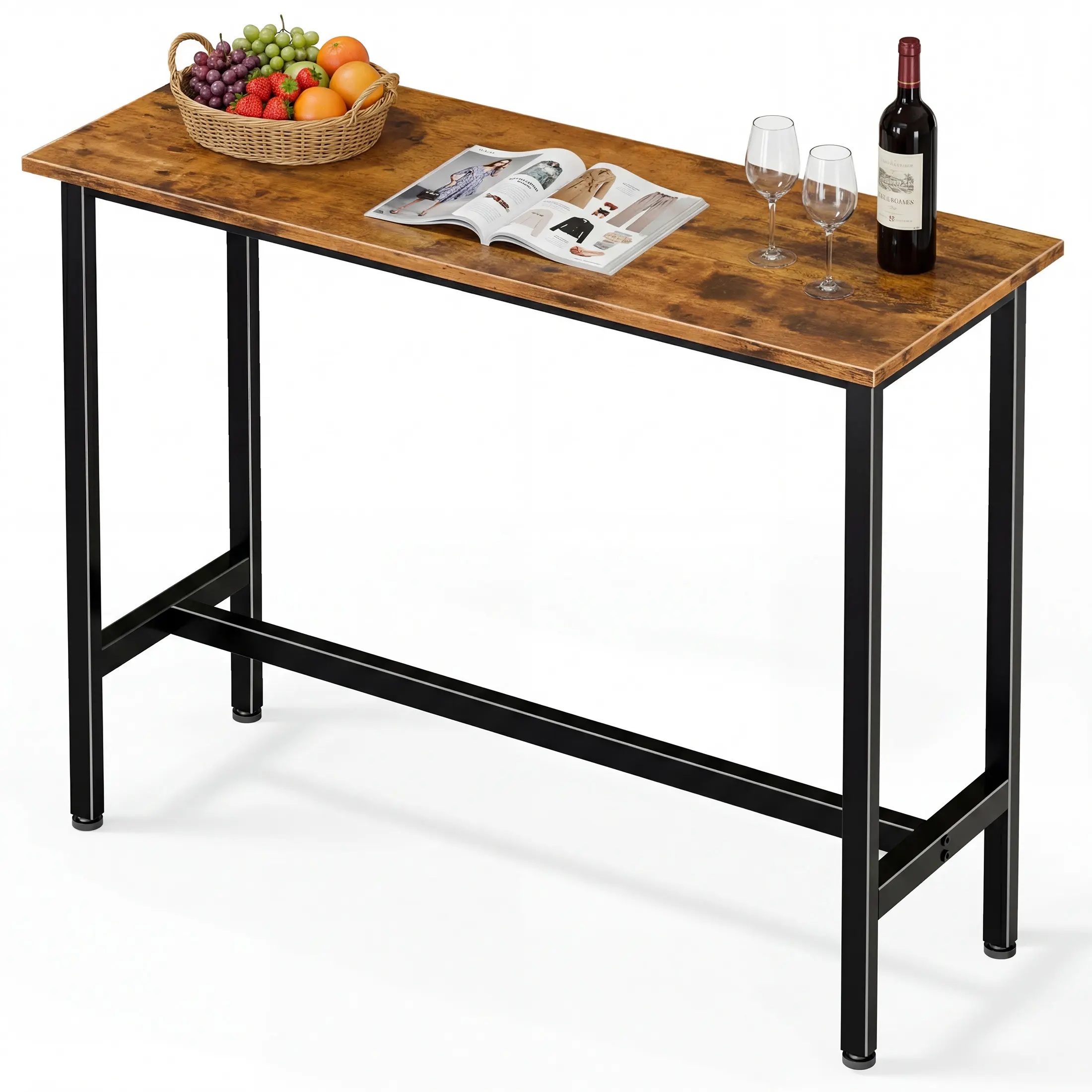 Sweetcrispy Industrial Vintage Bar Table - 220Lbs Load Capacity, Waterproof MDF Top, Sturdy Square Steel Frame, Footrest, Adjustable Feet for Kitchen, Living Room