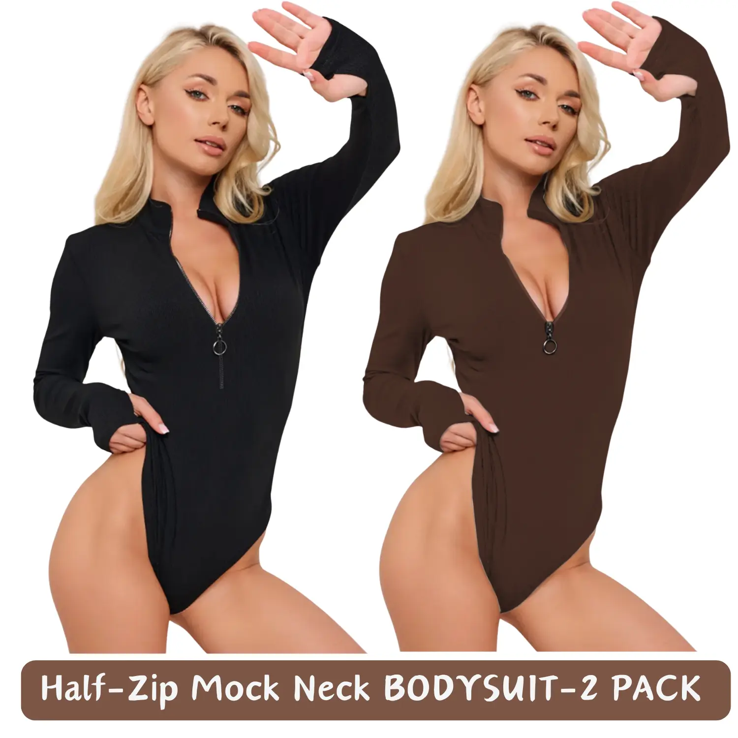 Riojoy Women's Half-Zip Thong Long Sleeve Shirt Bodysuit Mock Neck Tops Slim Fit Ribbed Knit Soft Basic Leotard Shirts Spring Autumn Outfits