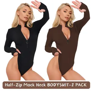 Women's Half-Zip Thong Long Sleeve Bodysuit Mock Neck Tops Slim Fit Ribbed Knit Soft Basic Leotard Shirts Spring Autumn Outfits