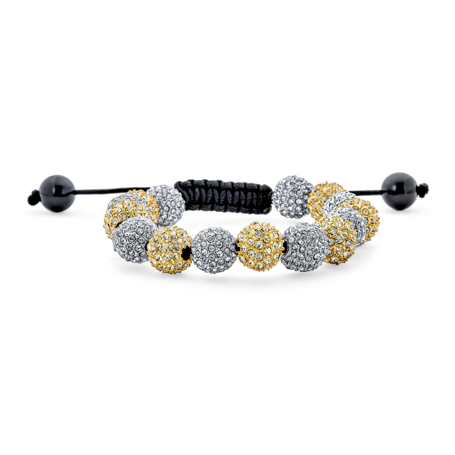 Silver Gold Two Tone 10MM Pave Crystal Disco Ball Shamballa Inspired Bracelet Black Cord Adjustable