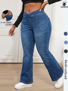 Women's Plus Size Curvy Stretch Micro Flare Denim Jeans, High Waist Butt Lifting, Cross Waistband Comfortable, Vintage Washed Blue, Chic Casual Long Pants