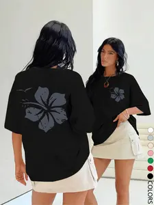 Women's Hibiscus Flower Print Round Neck Tee, Casual Short Sleeve Crew Neck T-shirt for Summer, Fashion Women's Top for Daily Wear, Casual Breathable Top
