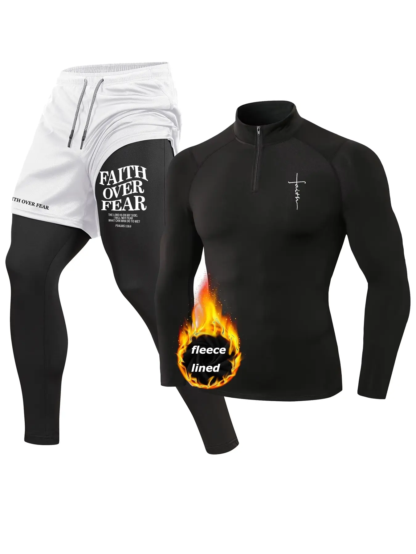 Faith Cross Letter Print Fall Winter Athletic Workout Running 2 Pieces Set for Men, Thermal Warm Fleece Lined Baselayer, Zippered Mock Neck Long Sleeve Compression Shirt, Quick Dry 2-in-1 Leggings Pants with Phone Pocket, Towel Loop, Zipper Pocket