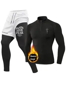 Faith Cross Letter Print Fall Winter Athletic Workout Running 2 Pieces Set for Men, Thermal Warm Fleece Lined Baselayer, Zippered Mock Neck Long Sleeve Compression Shirt, Quick Dry 2-in-1 Leggings Pants with Phone Pocket, Towel Loop, Zipper Pocket