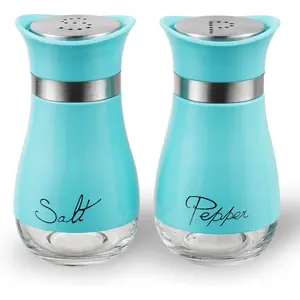Salt and Pepper Shakers, Stainless Steel and Glass Bottle, Set of 2, Turquoise Salt and Pepper Shakers, Stainless Steel and Glass Bottle, Set of 2, Turquoise