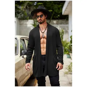 COOFANDY Men's Ruffle Shawl Collar Cardigan Open Front Lightweight Long Length Drape Cape Overcoat with Pockets