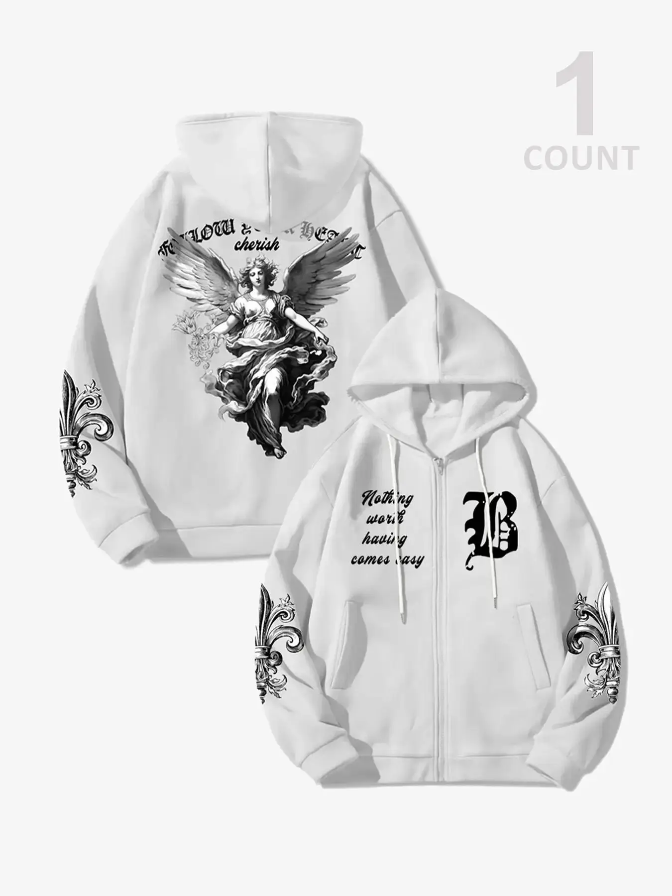 Men's Letter & Graphic Print Drawstring Zip Up Hoodie, Casual Loose Long Sleeve Pocket Hooded Sweatshirt for Fall & Winter, Men's Clothes for Daily We