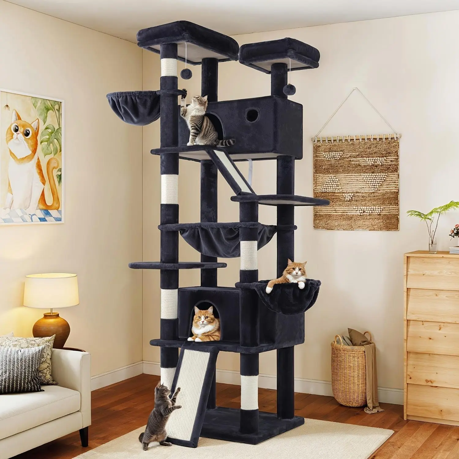 WEEWAY Multi-Size Indoor Cat Tree Tower (36"/65"/68"/81"), Corner Cat Furniture with Sisal Climbing Scratching Posts, Ramps, Plush Perches, Platforms, Basket Hammock, Condo Cave, Pompom Toys, Kitty Gift