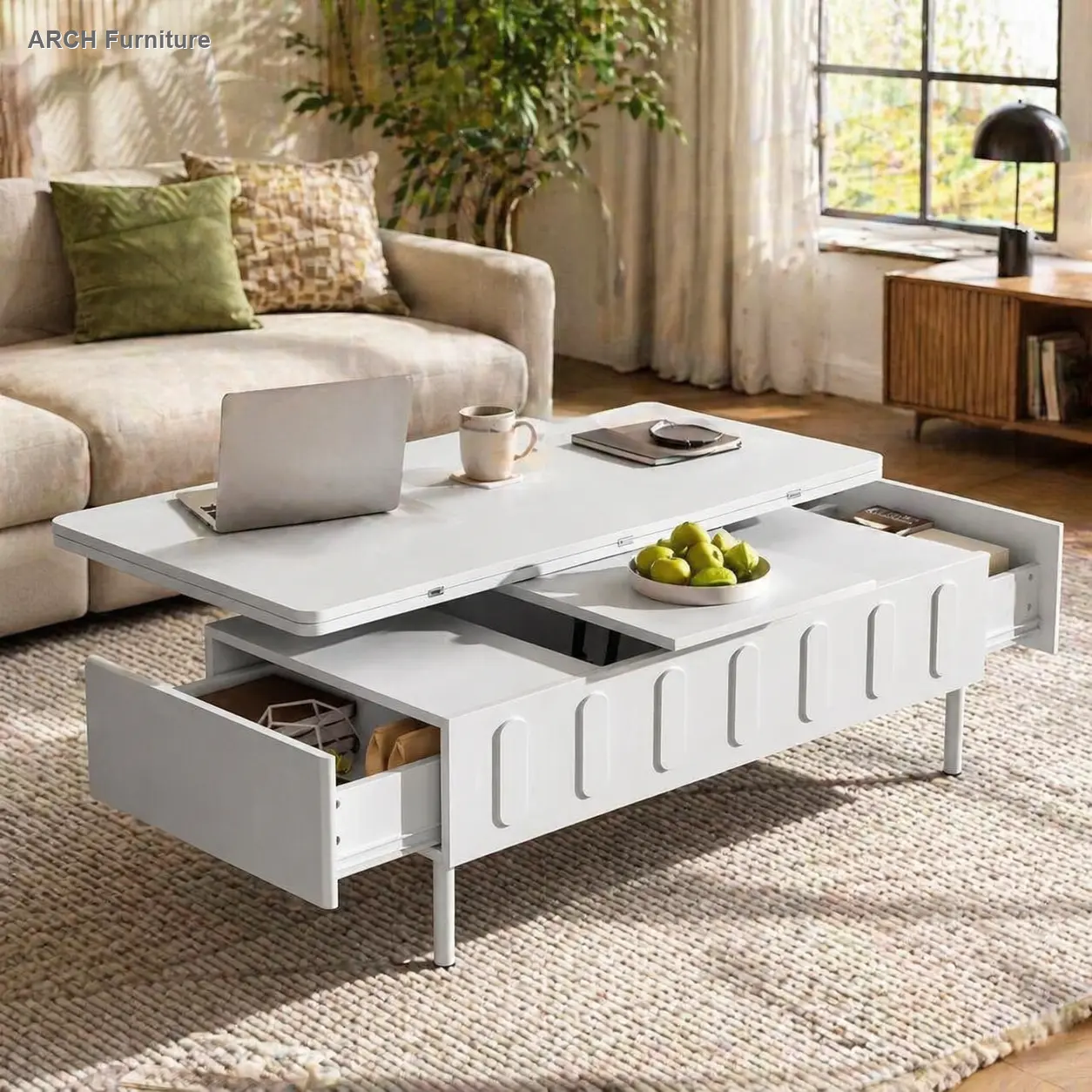 VIBE HAUS 4-in-1 Adjustable Collapsible Lap Desk Coffee Table - Small Spaces Rectangle Lift-Top with Drawers, Modern MDF & Metal Legs Living Room Centerpiece, Adjustable Ht., Hidden Storage, Family Dinner Convertible [Video Provided], Adjustable Collapsib