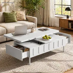 VIBE HAUS Rectangle Lift-Top Coffee Table with Drawers - Modern MDF & Metal Legs Living Room Centerpiece, Adjustable Ht., Multi-Mode Foldable Top with Hidden Storage, Convertible Dining Table [Video Provided]