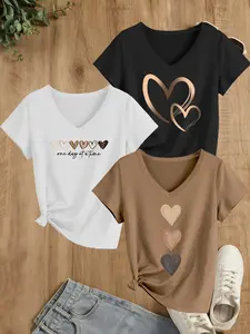 Women's 3-Pack Heart Print T-Shirts, Fashion V-Neck Short Sleeve Tops, Soft Comfortable Fit, All Season Wear, Summer