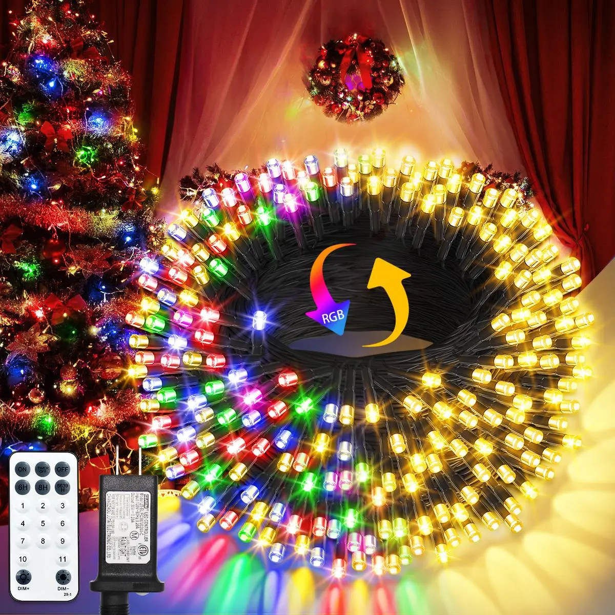 DREAMLAND 300LED 100FT Outdoor Light String with Remote Control, Multicolor Warm White Fairy Light 8 Modes Timer Waterproof for Holiday Party Christmas Tree, Wedding and Party Decoration Led lights