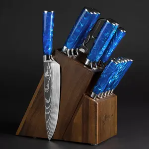 16-Piece Natural Acacia Wood Knife Block Set - Damascus Pattern Chef Knife Set, Steak Knives, Kitchen Shears - Blue Resin Handles - Senken Knives "Cerulean" Collection