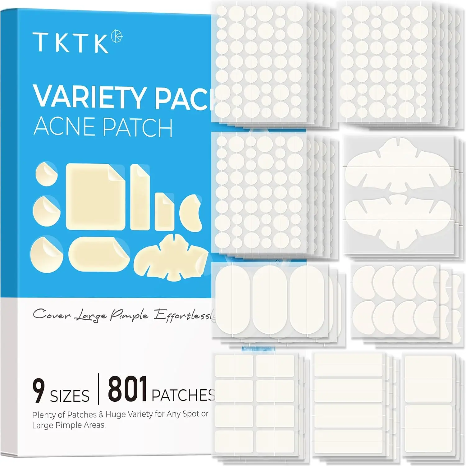 TKTK 801 Count Hydrocolloid Pimple Patches, 9 Sizes 7 Shapes Acne Patch Variety Pack, Large & Small Zit Stickers for Face & Body, Overnight Blemish Covers for Breakouts#Backtoschool