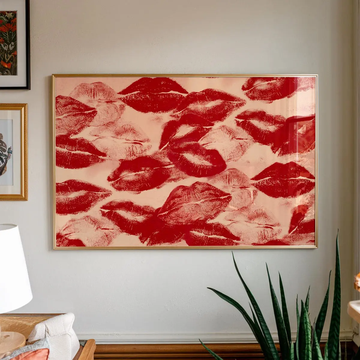 Red Kisses Wall Art – Dopamine Bedroom Decor, Horizontal Red Print for Girlfriend, Trendy Valentine's Day Gift Poster – 5 Size, 8x12 to 27x40 inch, Room Decor, Unframed