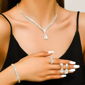 Wedding Jewelry Set for Brides - Rhinestone Bridal Necklace Earrings Bracelet Set, Silver-Tone Prom Formal Events Jewelry