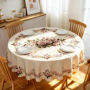 Round Tablecloth with Rose Floral Print, Durable Polyester Material, Home Kitchen Decor, Multiple Sizes Available, Rustic Style