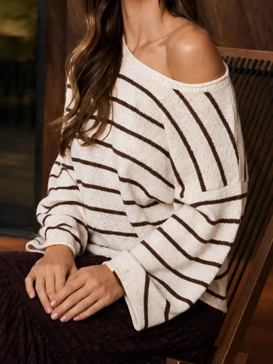 Textured Striped Long Sleeve Crewneck Sweater for Women - Comfortable and Stylish Design