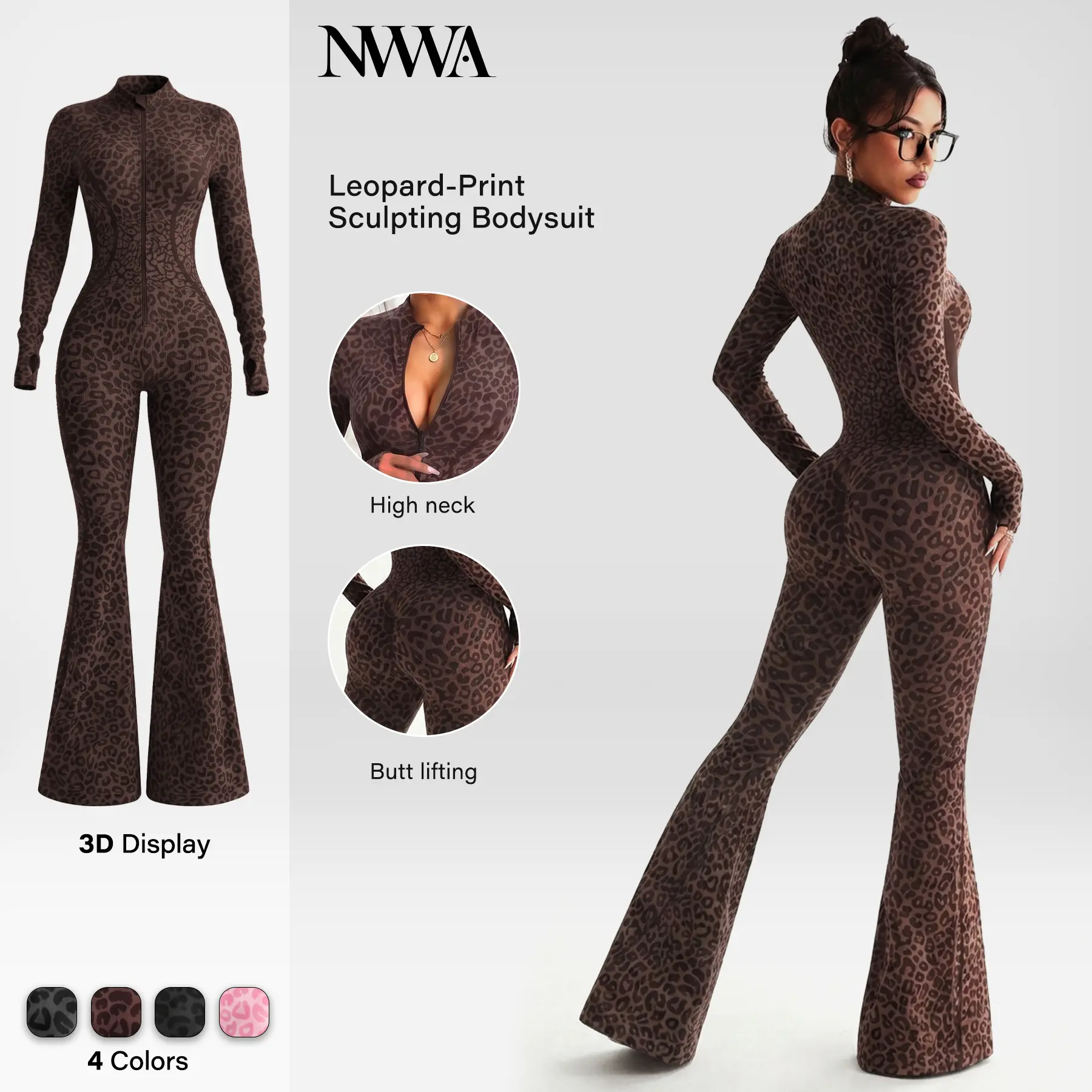 NVWA Women's Leopard Print Athleisure Clothing Sets Women Going Out Long Sleeve Zip Up Jumpsuit with Thumb Holes Flared Leg Yoga Bodysuit Bell Bottom Unitard Bodycon Slimming Workout Romper Snatched One Piece Gym Suit Aesthetic Streetwear
