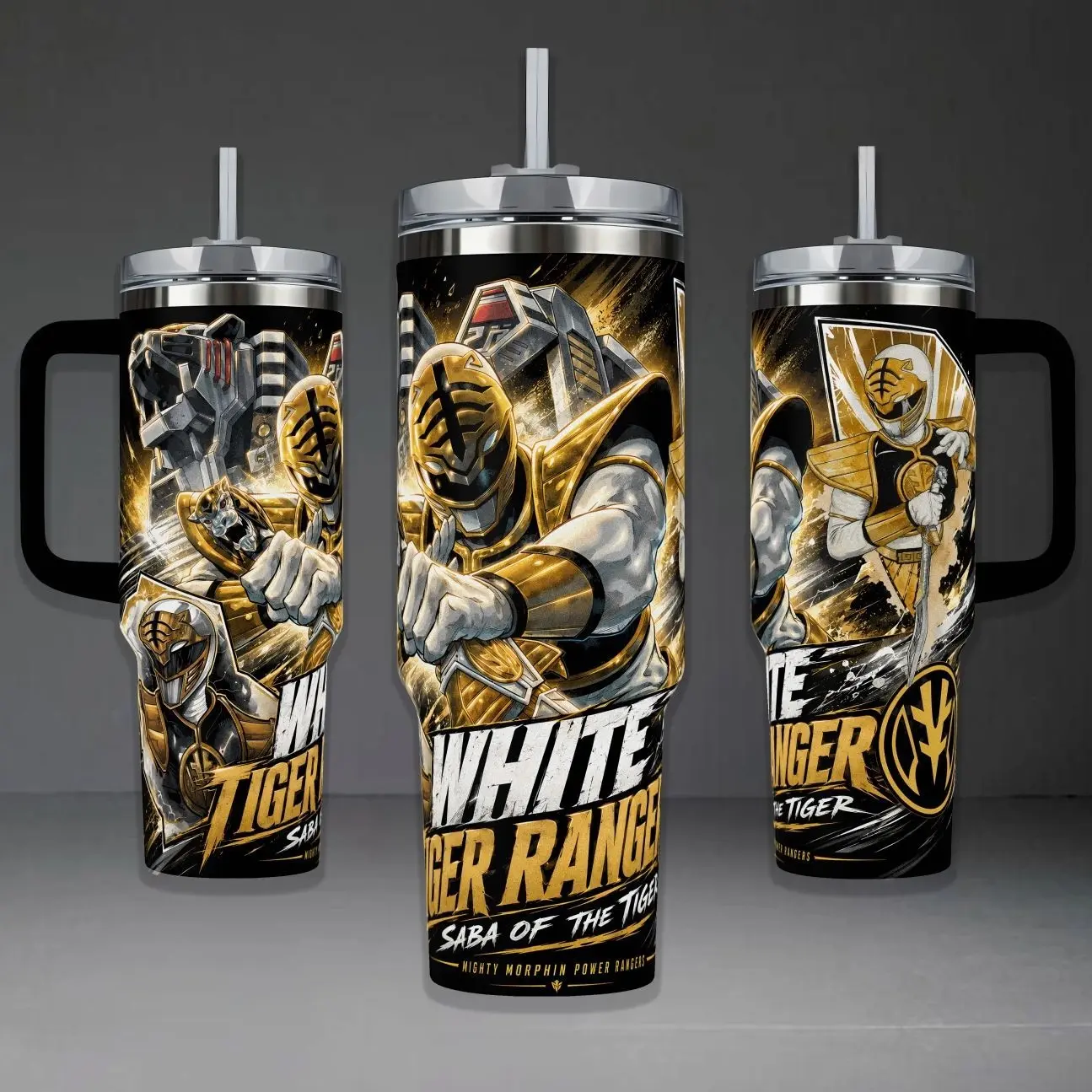 White Ranger Saba of the Tiger Tumbler, Mighty Morphin Power Rangers 40oz Cup with Handle, Saba of the Tiger Legacy 20oz Stainless Steel Travel Mug, 90s Nostalgia Fan Gift, White Ranger Inspired Insulated Tumbler Featuring Epic Gold Design.