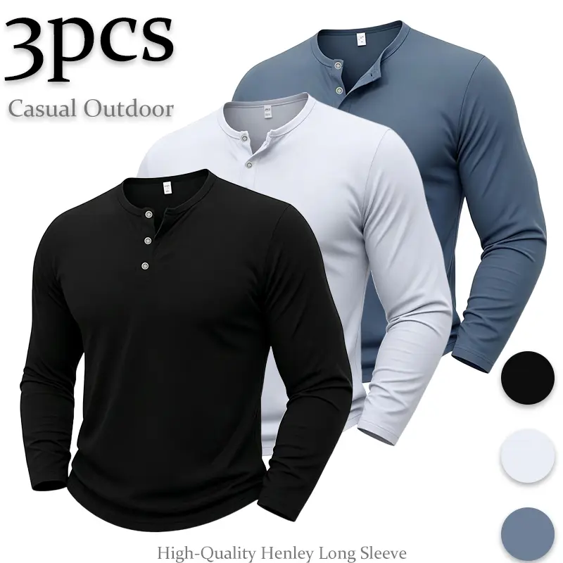 3-pack men’s long-sleeve Henley shirts in solid colors—basic styles with button placket and Henley collar. Made from fine, skin-friendly fabric that is comfortable and breathable, with a slim fit that hugs the body. Suitable for urban commuting, gathering