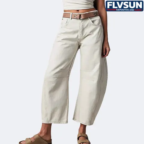 Flvsun Women's Banana-Shaped Low-Waisted Stretch Barrel Jeans - Effortless Low Rise Pants, Baggy Jean Aesthetic Vintage Wide-Leg Cropped Denim Bottoms with Pockets, 2000s Streetwear Prom Trousers