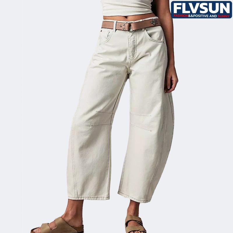 Flvsun-Women's Stretch Low Rise Barrel Jeans Vintage Loose Wide Leg Cropped Denim Pants Y2K Style Loose Jeans