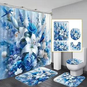 Elegant Floral and Bird Pattern Shower Curtain Set, Bathroom Curtain, 3pcs Bath Mats and 1 Shower Curtain, Easy to Clean, Includes 12 Hooks