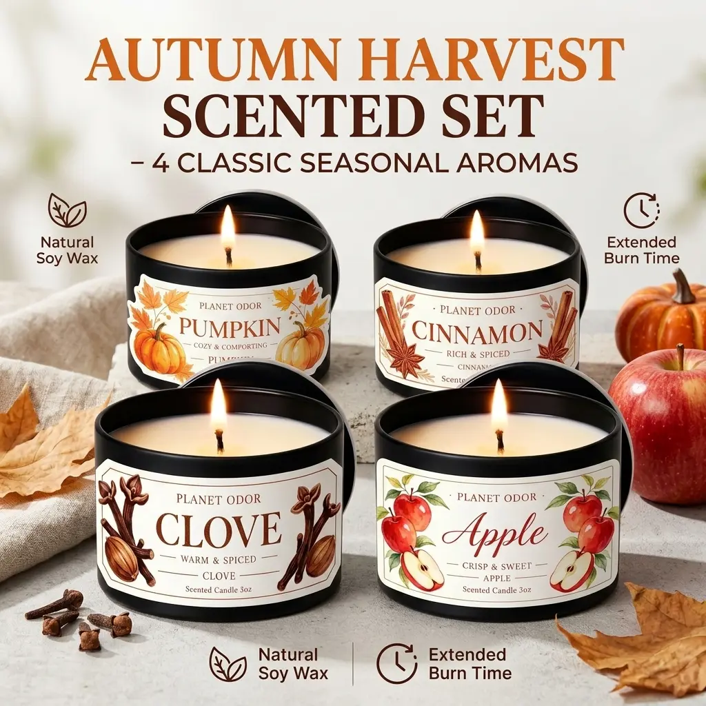 4pcs Fall Scented Candle Set. Each Candle Is 3oz, Featuring 4 Fragrances: Pumpkin, Cinnamon, Clove And. These Portable Tin Candles Are Bedroom& Home Decor. Great Gifts Men and Women Fall, Halloween and Thanksgiving