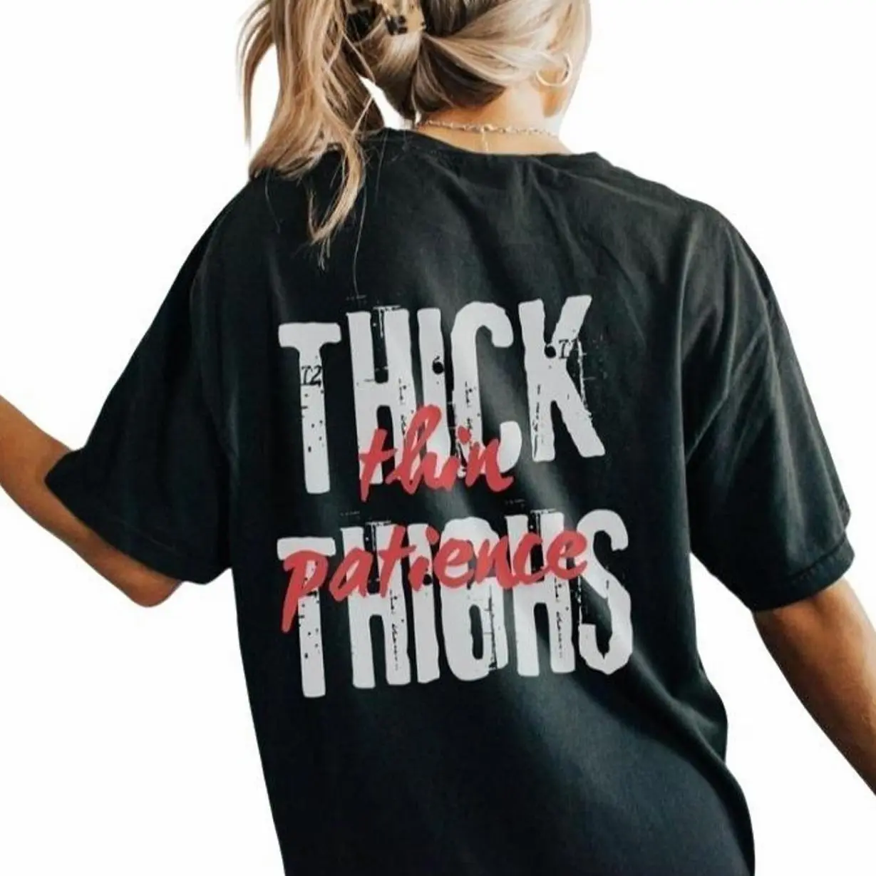 Thick Thighs Thin Patience Graphic T-Shirt, Funny Gym Shirt, Gym Shirt for Weightlifting Girlfriend Muscle Angel, Casual Streetwear Top