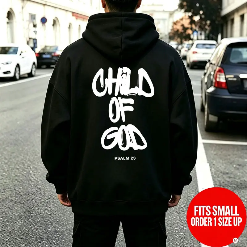 CHILD OF GOD reversible hoodie sweatshirt with vertical bubble graffiti print on both sides, PSALM23, hand-painted thick lettering, unisex oversized hoodie