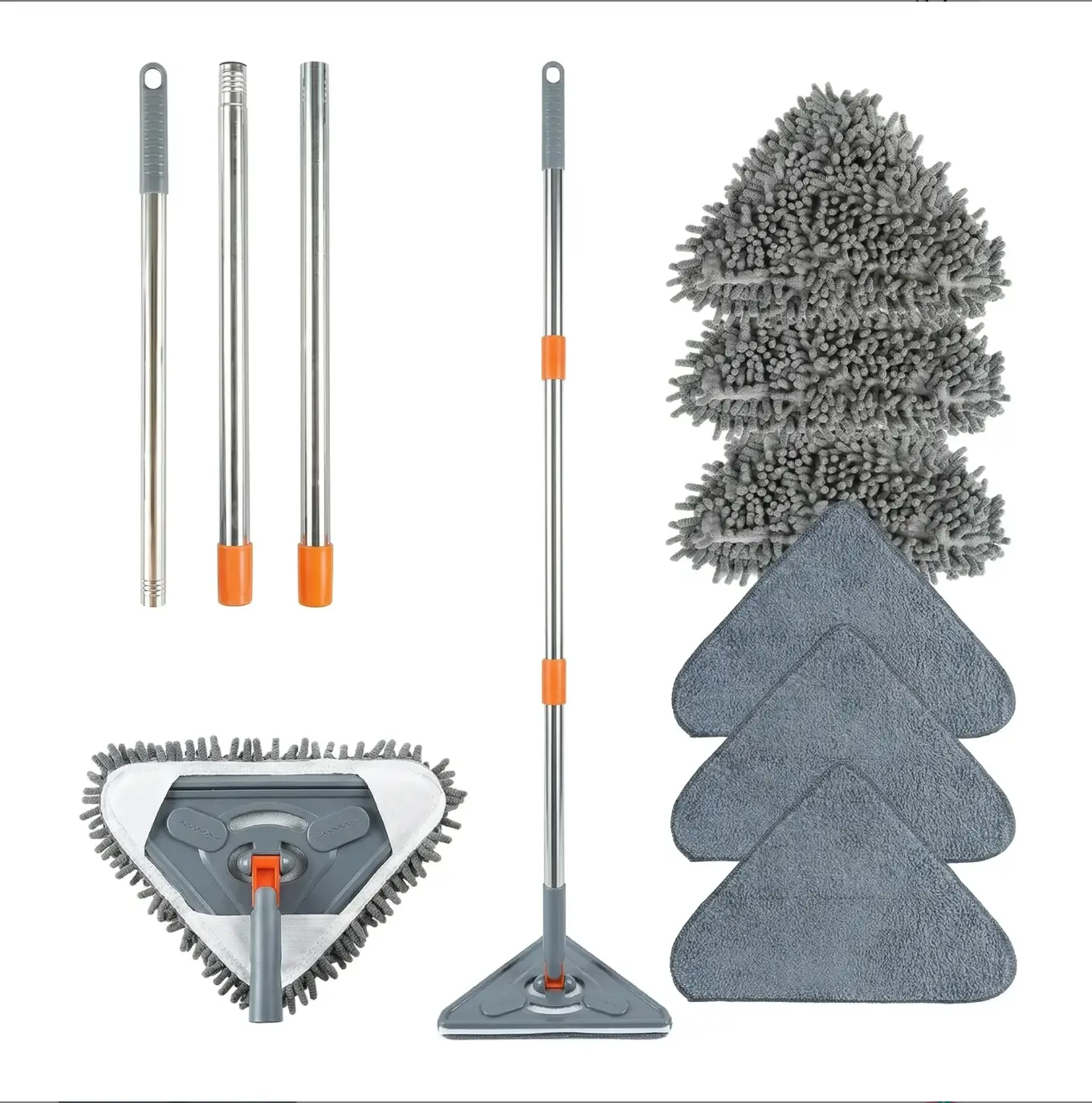 360 Spin Mop, Triangle Cleaning Mop with 85 Inch Extendable Stainless Steel Handle, Washable Replacement Pads, High Reach Dust Cleaner for Ceilings, Walls and Home Corner Cleaning