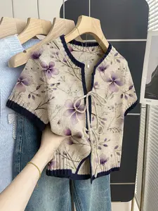 Boho Style Loose Round Neck Knit Top, Floral Print Short Sleeve, Women's Summer Casual Wear, Front Tie Design, Contrast Binding, Womenswear